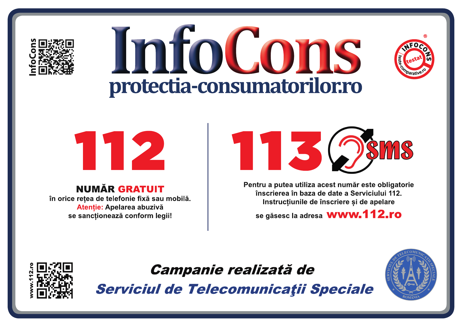 InfoCons — Numere urgență 112 și 113 SMS, campanie Serviciul de Telecomunicații Speciale